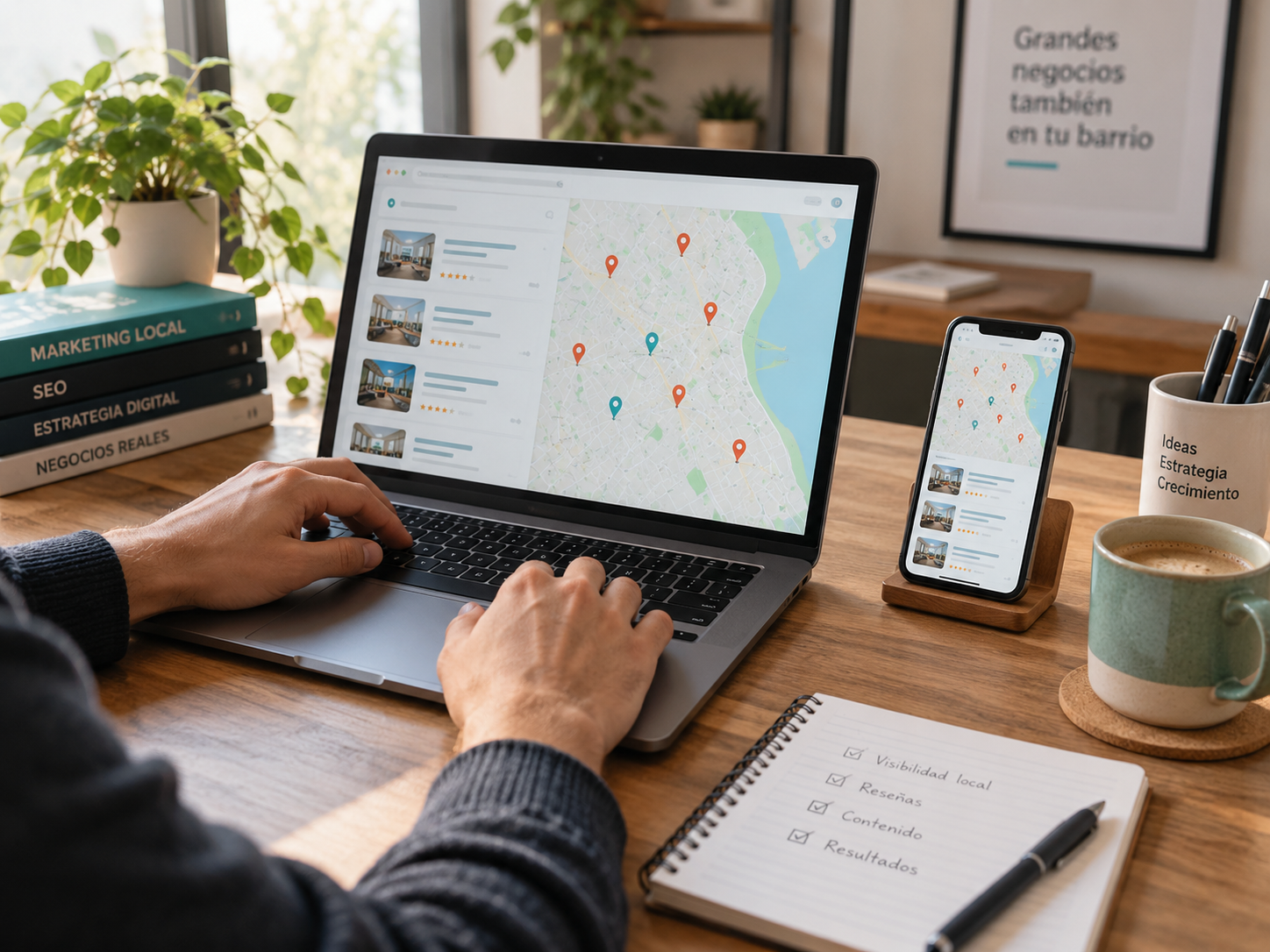 Manos trabajando con un portátil y un móvil sobre visibilidad local
